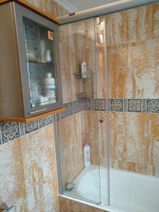 W łazience znajduje się prysznic ze szklanymi drzwiami. w obiekcie Bordatxiki w mieście Hondarribia