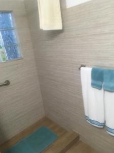 a bathroom with a shower with a towel and a window at A Seascape Guest Room in Fajardo