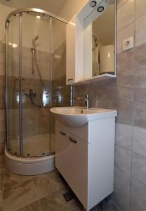 ein Bad mit einem Waschbecken und einer Dusche in der Unterkunft Apartment PAOLA in Zadar