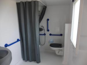 a bathroom with a toilet and a shower curtain at Camping le Montbartoux in Vollore-Ville
