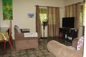 a living room with two chairs and a flat screen tv at ritashomeawayfromhome in Ocho Rios