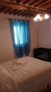 ein Schlafzimmer mit einem Bett mit einem blauen Vorhang in der Unterkunft Casa Greta in Massarosa