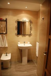 La salle de bains est pourvue d'un lavabo, d'un miroir et de toilettes. dans l'établissement Apartamento Judería, à Tolède