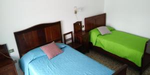 two beds in a room with green and blue at casa zio Ubaldo Songavazzo in Rovetta