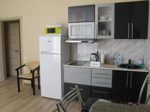 a small kitchen with a white refrigerator and a sink at Apartament Shkiperskaia 9 in Adler