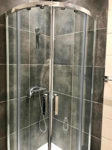 a shower with a glass door in a bathroom at Appartement PALOMA Proche Cannes in Le Cannet