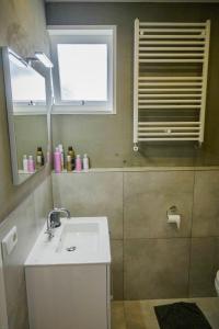 La salle de bains est pourvue d'un lavabo et d'une fenêtre. dans l'établissement Backyard, à Alkmaar
