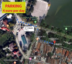 a map of a parking lot and a city at Lake view apartment in Ioannina