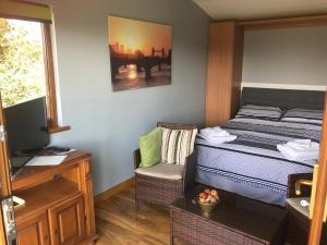 Dormitorio con cama, escritorio y TV en Drumlin View Cabin 21c Deerpark Road, en Ardkeen