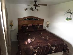 a bedroom with a bed and a ceiling fan at Martin's River Cabin in Dresden