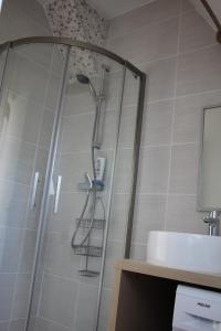 a shower with a shower head in a bathroom at Gite du Moulin de Balzac in Artannes-sur-Indre