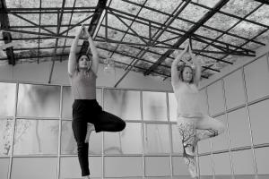 two women are doing yoga in a room at Shahar Palace in Jaipur