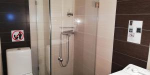 un bagno con doccia con porta in vetro di Filos Apt. under Acropolis ad Atene Altre 16 foto