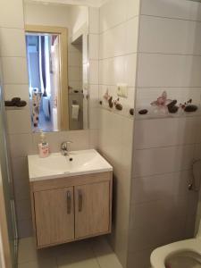 a bathroom with a sink and a toilet and a mirror at Király Apartman in Pécs