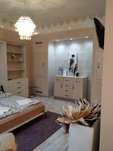 - une chambre avec un lit et un grand miroir dans l'établissement Király Apartman, à Pécs