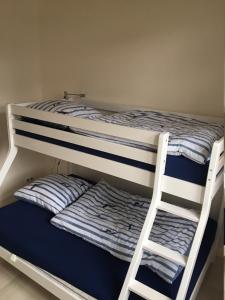a bunk bed with a ladder and two pillows on it at Ferien auf traumhaftem Resthof in Twedt