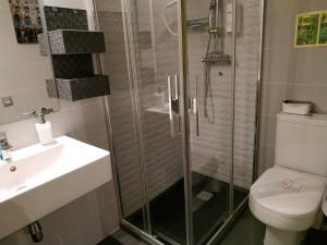 uma casa de banho com um chuveiro, um WC e um lavatório. em Hotel Ginebra em Barcelona