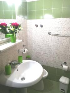 a bathroom with a sink and a toilet and flowers at Due Passi Dal Centro in Marsala
