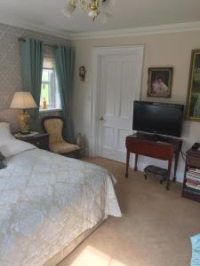 a bedroom with a bed and a piano and a television at Killyliss Country House B&B in Lisnalong