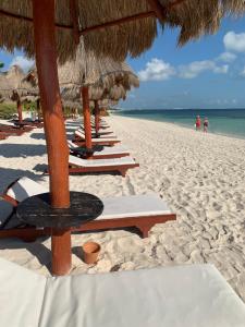 eine Reihe von Stühlen und Sonnenschirmen am Strand in der Unterkunft La Amada condo with Marina View in Cancún