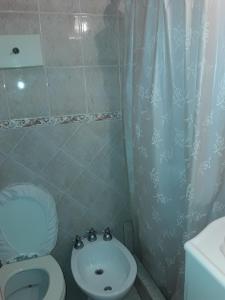 y baño con aseo y cortina de ducha. en Departamento Alto Palermo en Buenos Aires