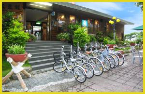 台東市的住宿－龍星花園度假木屋，停在大楼前的一排自行车