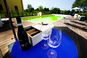 stół z 2 kieliszkami i butelką wina w obiekcie Eco Bio Agriturismo La Bella Vite - Camere Con Vigna w mieście Carpeneto