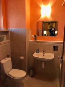 bagno con servizi igienici, lavandino e luce di Club 218 Panoráma Apartman a Siófok