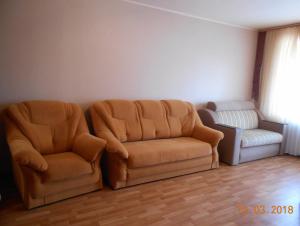 2 Stühle und ein Sofa im Wohnzimmer in der Unterkunft Apartment - Panasa Myrnoho 20 in Myrhorod