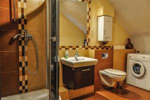 a bathroom with a shower toilet and a sink at Apartamenty Numer 6 in Lublin
