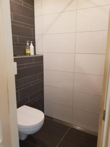 a bathroom with a white toilet and a tile wall at City Center Studio Amsterdam in Amsterdam