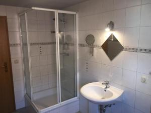 a bathroom with a shower and a sink at Harz House in Trautenstein +34 photos