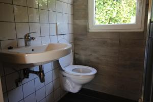 a bathroom with a toilet and a sink and a window at Luxe Eco Pod op Camping de Stal in Drijber