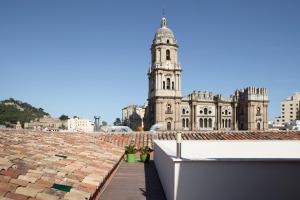 - une vue depuis le toit d'un bâtiment avec une tour d'horloge dans l'établissement Petit Palace Plaza Málaga, à Malaga