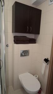 een badkamer met een toilet, een kast en handdoeken bij Apartament Zielone Tarasy 9C in Kołobrzeg