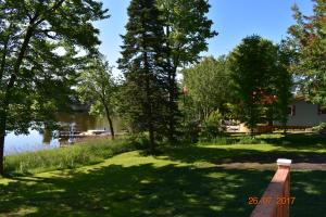 park z drzewami i ławką obok jeziora w obiekcie Domaine Henri-Daze w mieście Saint-Pierre-Baptiste