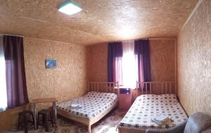 ロオにあるLevyi Bereg Guest Houseのベッド2台と窓が備わる小さな客室です。