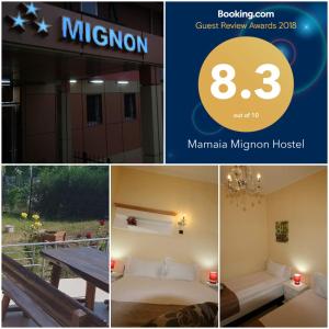 een collage van vier foto's van een hotelkamer bij Hotel-Hostel Mignon Mamaia -private rooms with free parking in Mamaia