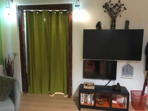 sala de estar con cortina verde y TV en Apartamento en Corrala, en Madrid