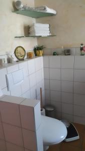 a white tiled bathroom with a toilet and a shelf at Messezimmer Nähe Zentrum in Cologne