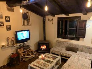 リエルガネスにあるla casuca del bosqueのリビングルーム(ソファ、テレビ、暖炉付)