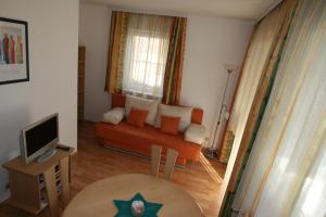 uma sala de estar com um sofá e uma televisão em Appartementhaus Goritschnig em Flattach