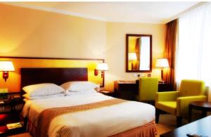 una camera d'albergo con un letto grande e uno specchio di Albergo Conca D'Oro a Foggia