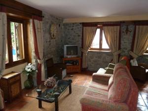 a living room with a couch and a tv at Apartahotel Faure in Sallent de Gállego