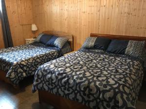 2 Betten in einem Zimmer mit Holzwänden in der Unterkunft Le Gîte du Pêcheur in Metabetchouan