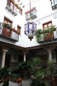 a courtyard of a building with potted plants at Pensión San Joaquín in Granada