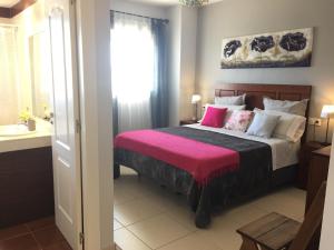 トロクスにあるPiso de Lujo Algarrobo costaのベッドルーム1室(ピンクの毛布付きのベッド1台付)