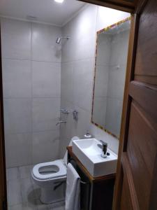 een badkamer met een wastafel, een toilet en een spiegel bij Casa confortable in Cordoba