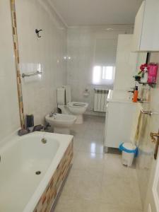 Baño blanco con aseo y lavamanos en Apartamento SIGÜEIRO CAMINO INGLÉS (English Way), en Sigüeiro