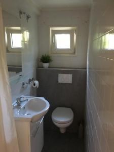 a bathroom with a sink and a toilet and two windows at 't Hoeske in Exloo